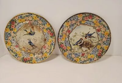 Vintage Daher Decorated Ware Chintz Tin Plates Set (2) With Blue Birds -Holland • $19.99