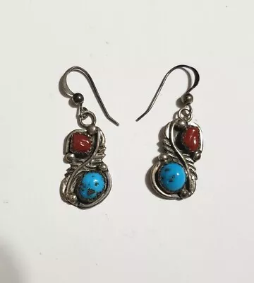 Vintage Sterling Silver Turquoise & Red Coral Southwestern Pierced Earrings 5.4g • $3.25