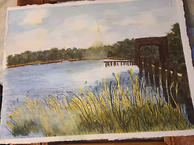 Contemporary Landscape Bridge Over Marsh Causeway Watercolor New England Artist • $68