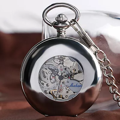 Retro Half Hunter Mens Automatic Skeleton Pocket Watch Smooth Silver Tone Chain • $14.83