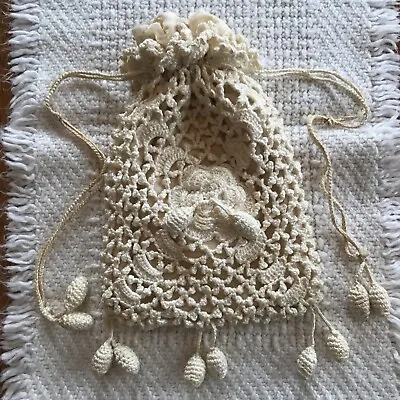 Beautiful Vintage Crocheted Handbag W/ Drawstring And Tassels  • $15