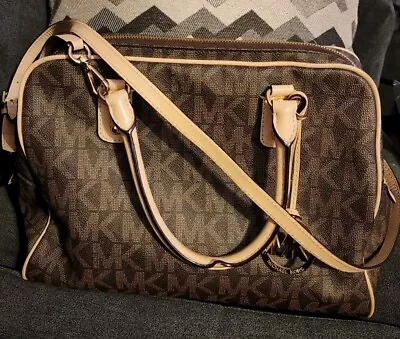 Michael Kors Signature Dark Brown Coated Canvas Satchel Handbag Purse • $35