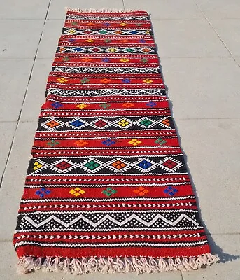 Authentic Hand Knotted Vintage Morocco Kilim Kilim Wool Area Rug 3.3 X 1.0 Ft • $29.99