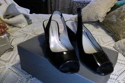 Ellen Tracy Black Patent Leather Open Toe Slingback Shoes 7 1/2 • $17.99