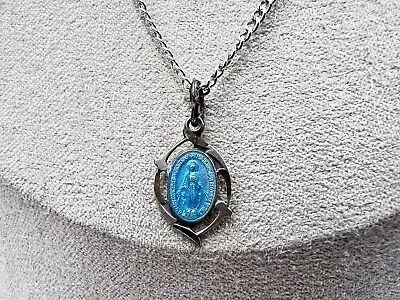 Catholic Vintage Sterling Silver Enameled  Mary Holy Pendant 15” Necklace • $9.99