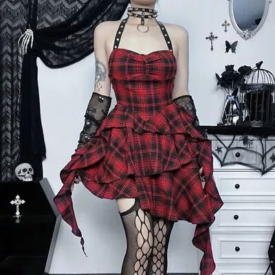Hanging Neck Y2K Plaid Corset Dress Streetwear Gothic Punk Plaid Dress  Party • £17.29