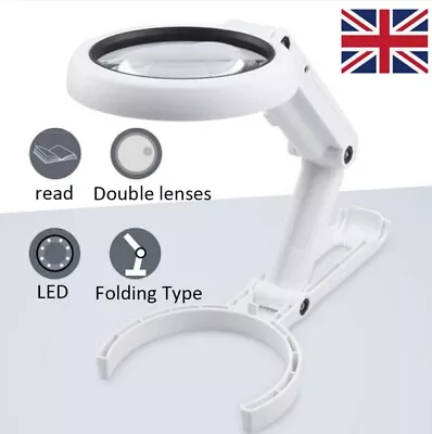 Large Magnifying Glass With Light 8 LED Magnifier Foldable Stand Desk Read White • £9.39