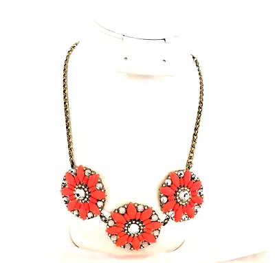 J. Crew Women's Necklace Fluorescent Orange Flowers Sparkling Crystals Gold Tone • $19