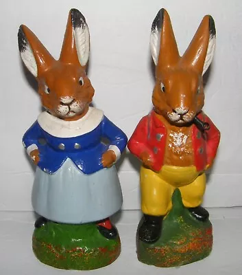 2 Vtg German Anthropomorphic Dressed Easter Rabbit Paper Mache Candy Containers • $99.99
