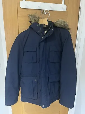 Jack Wills Bromhead Down Parka - Navy Faux Fur Hood- Men’s Medium 5 Pocket Coat • £42