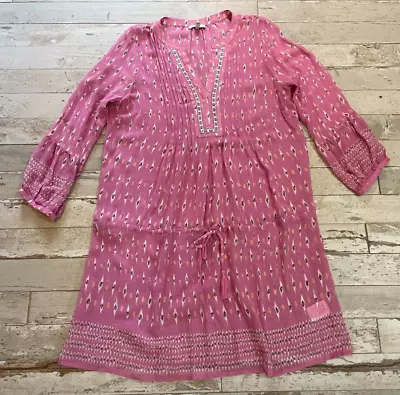 Joie Pink Silk Pleated Suerte Dress Size LARGE Puff Sleeve Sheer Fringe Tie • $21.95