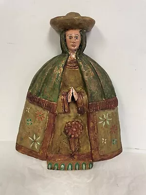 Vintage Hand Carved & Painted Clay Peasant Woman Praying Mexican? 12 H Wall Art • $110