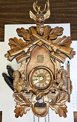 Vintage German Cuckoo Clock Stag Squirrel Crossed Guns Solid Wood Hand Carved • $79.99