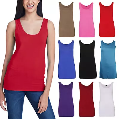 Womens Scoop Neck Sleeveless Ladies Long Stretch Plain Vest Strappy T-Shirt Top • £8.89