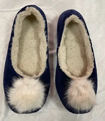 Joules Womens Blue Furry Slip On Slippers Flats Rabbit Sz Small 5/6 • $15