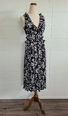$90 • Buy SCANLAN THEODORE Black Floral Split Dress Sz 6 Ruffle Details 