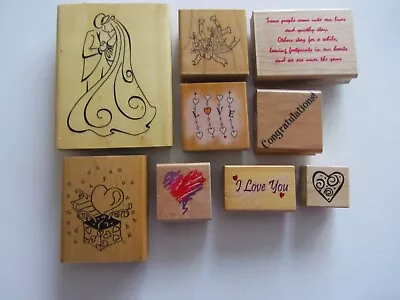 9 Love Hearts & Wedding Themed Wooden Stamps Some Unused Includes PSX & INCA • £3.25