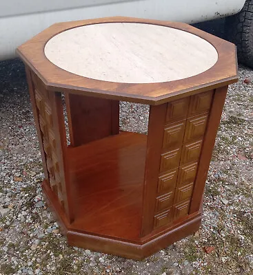 Mid Century Walnut Marble Top Octagon End Table / Side Table  (ET585) • $399