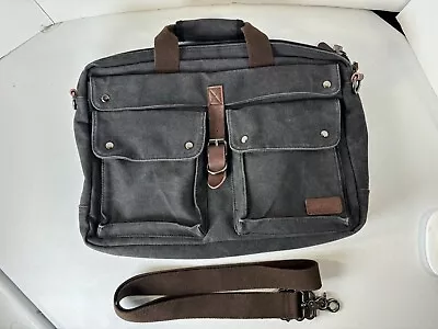 Baosha Canvas Leather Messenger Crossbody Bag Adjustable Gray Brown Work School • $39.99