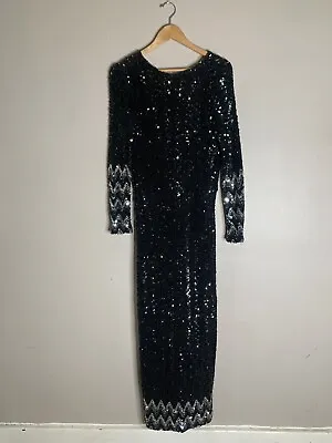 Vintage 1970’s Sequin Dress Women’s Black Maxi Gown Evening Party Disco • $42