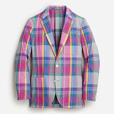 JCREW Blazer Pink Blue Ludlow Madras Plaid Check Cotton Suit Jacket Slim 36S S • $148.80