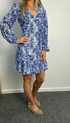 Ex Oasis Summer Dress Blue Floral Long Sleeve V Neck All Sizes (FQ14) • £9.99