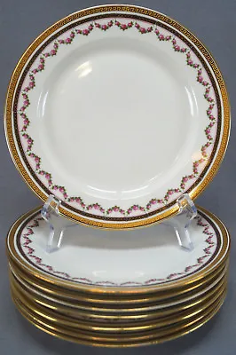 Set Of 8 Lanternier Limoges Gold Greek Key & Rose Garlands 8 7/8 Inch Plates  • £160.86