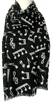 Black Scarf Musical Notes Ladies White Cotton Wrap Fair Trade Music Note Shawl • £18.99