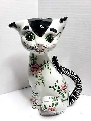 Vintage Italian Cat Pitcher Vase Ceramic Hand Pianted 9  • $30