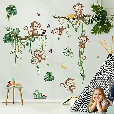 Jungle Monkey Climbing Tree Wall Decals Jungle Animals Vine Leaves Wall Stickers • $18.61