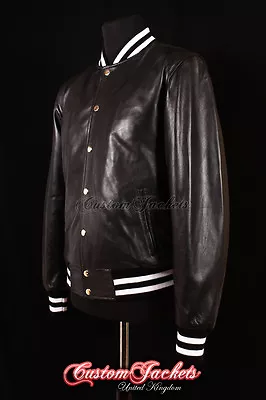 Men's BASEBALL Leather Jacket Black College Varsity Real Leather Bomber Jacket • £95.79