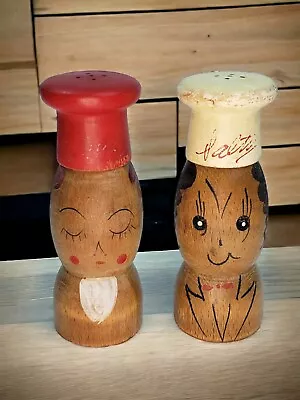 Vintage Large 5   Wood Whimsical Chef  Salt And Pepper Shakers  • $13.99