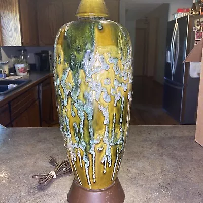 Vintage Mid Century Modern Ceramic Drip Glaze Table Lamp~ Earth Tone Greens  • $250