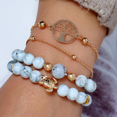 4pcs Natural Stone Mulberry Tree Turtle Beads Chains Bangle Set • £4.99