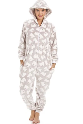 £32.99 • Buy Camille Womens All In One - Warm Cosy Hooded One Piece | Beige Bear Print