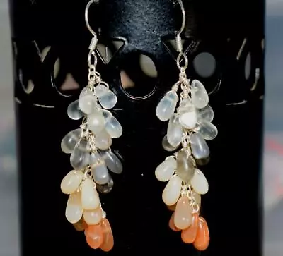 Solid 925 Sterling Silver Earrings - Natural Multi Moonstone Beads 2 1/8  #d3274 • $16