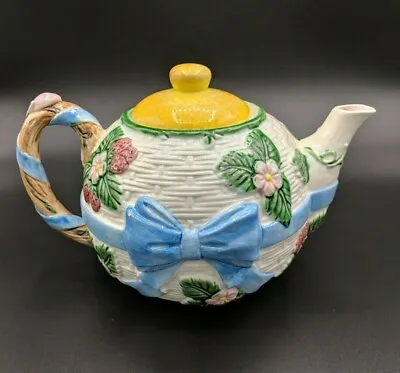 1985 The Haldon Group Tea Pot Basket Weave Blue Bow Strawberries Japan Vintage • $6.95