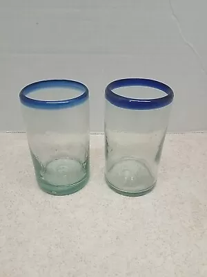 Set Of 2 Handblown Mexican Bubble Glasses With Cobalt Blue Rim • $16