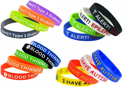 Silicone Bracelets Wrist Bands Medical Alert Health Survival Aware Adults Kids • £2.79