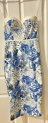 Elle Zeitoune Size 8 Blue & White Floral Strapless Dress Designer • $89