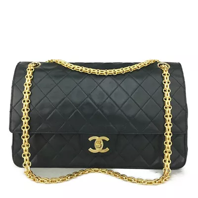 Vintage CHANEL Navy Double Flap 27 Quilted CC Lambskin Chain Shoulder Bag/6X1603 • $510