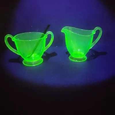 Vintage Uranium Vaseline Glass Creamer And Sugar Set Green With Spoon • $19.99