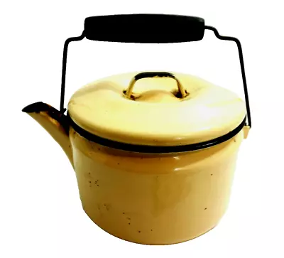 Vintage YELLOW ENAMEL Teapot Tea Kettle With Black Handle ~ Nice Condition • $29.99