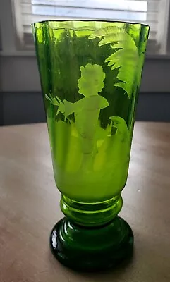 Antique Mary Gregory Emerald Glass Vase W/Etched Boy With Flower • $30