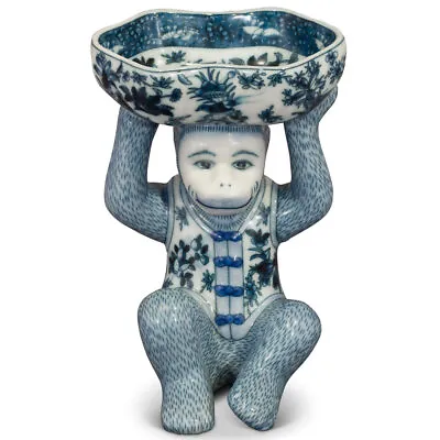 US Seller - Blue And White Chinese Porcelain Monkey Holding Lotus Dish • $188