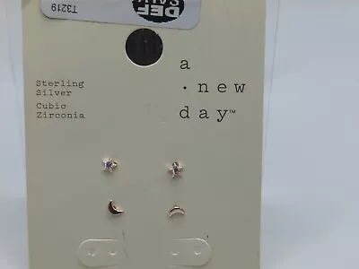 A New Day Sterling Silver Cubic Zirconia Stud Earrings 2 Pair Star & Moon New • $5.99