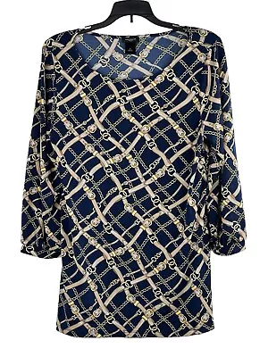 Ann Taylor Long Top Blouse Navy W/Gold Belts & Chain Print 3/4 Sleeve Size Med • $15.98