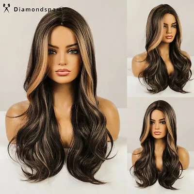 Long Ombre Black Brown With Blonde Highlights Wavy Synthetic Hair Wigs For Women • $18.31