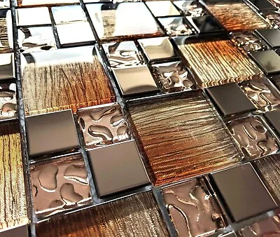 New Luxury Bronze Copper Foil Glass & Metal Square Mosaic Wall Tiles 8mm • £8.98