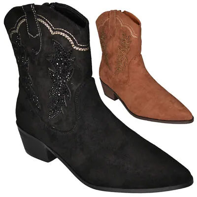 Ankle Cowboy Western Boots Diamante Ladies Zip Pointy Faux Suede Womens Shoes • £9.99